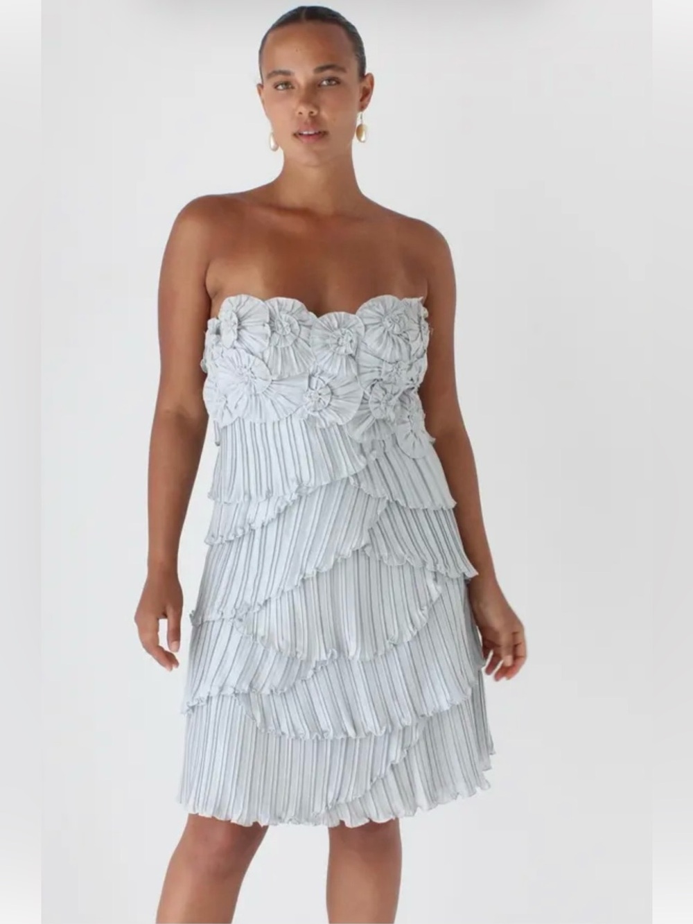 BCBGMAXAZRIA Y2K Pinwheel Pleated Strapless Ruffle Cocktail Mini Dress Blue 0